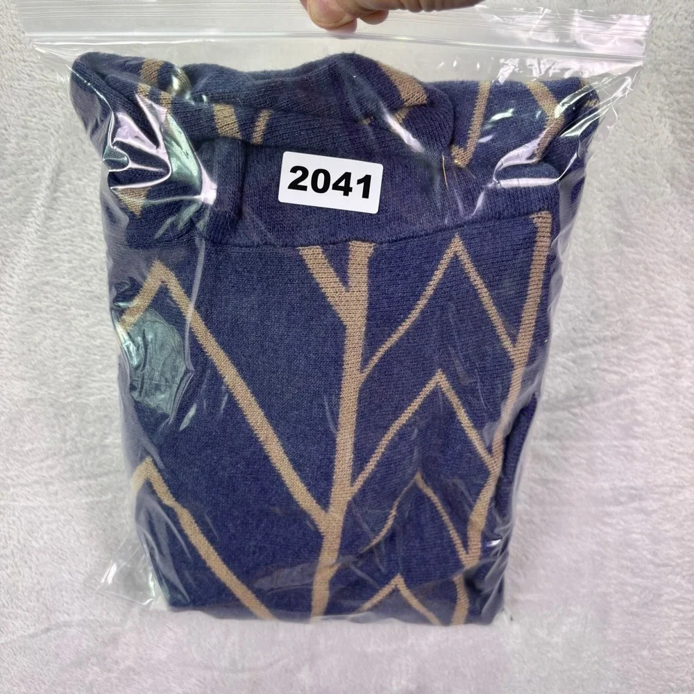 Rebecca Elliot Womens Cardigan Sz M Blue Tan Geometric Open Front Pockets AMD102